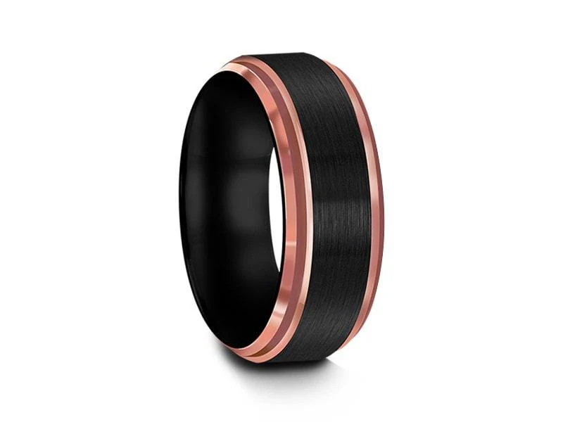 8MM Brushed BLACK Tungsten Wedding Band Rose Gold Edges AND BLACK INTERIOR - Image 2