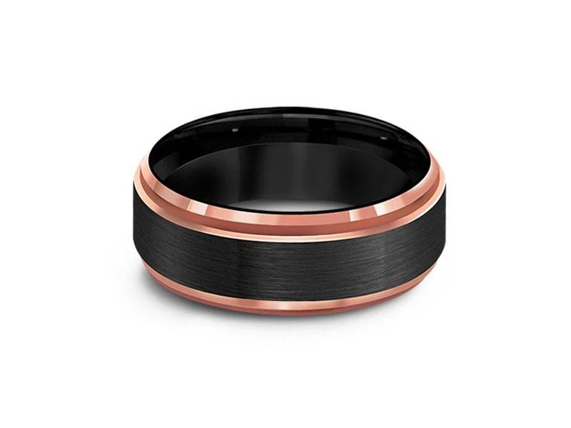 8MM Brushed BLACK Tungsten Wedding Band Rose Gold Edges AND BLACK INTERIOR - Image 4
