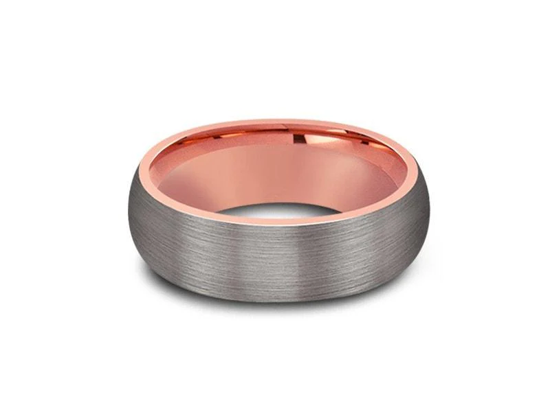 8MM BRUSHED GRAY Tungsten Wedding Band DOME AND ROSE GOLD INTERIOR - Image 4